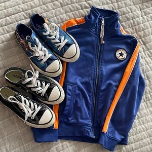 BUNDLE - Converse Black and Converse Blue Sneakers with Blue and Orange Jacket